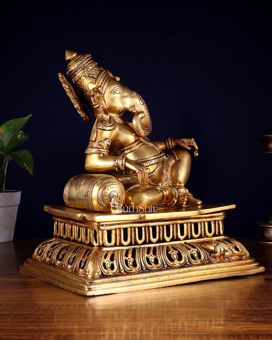 Pure Brass Resting Ganesha Statue 12" - Budhshiv.com