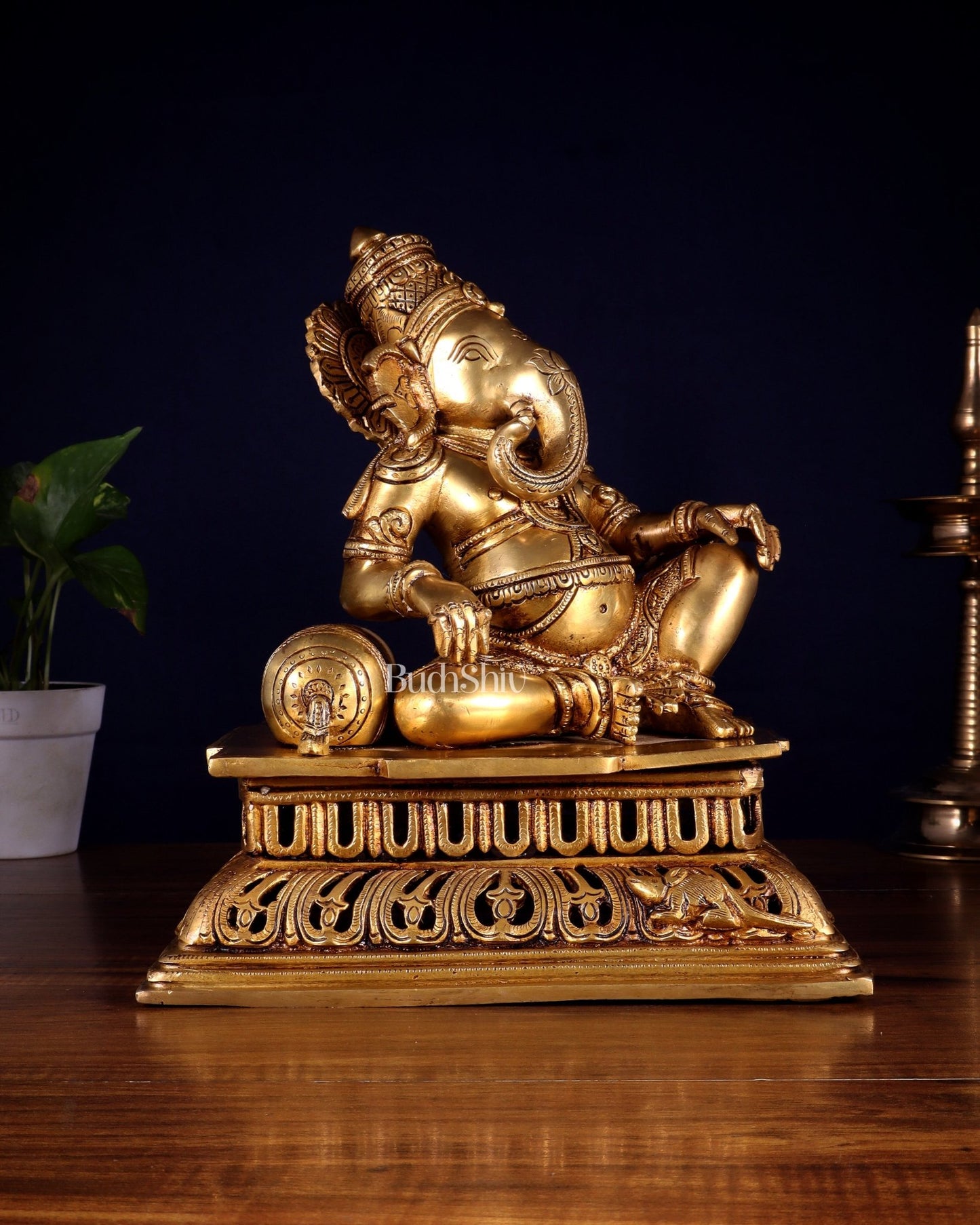 Pure Brass Resting Ganesha Statue 12" - Budhshiv.com