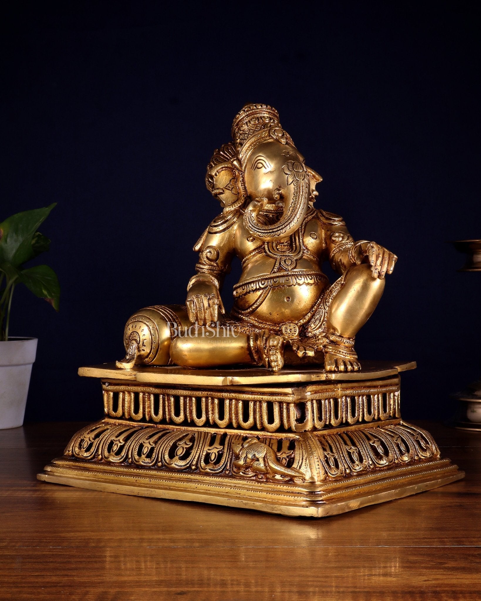 Pure Brass Resting Ganesha Statue 12" - Budhshiv.com
