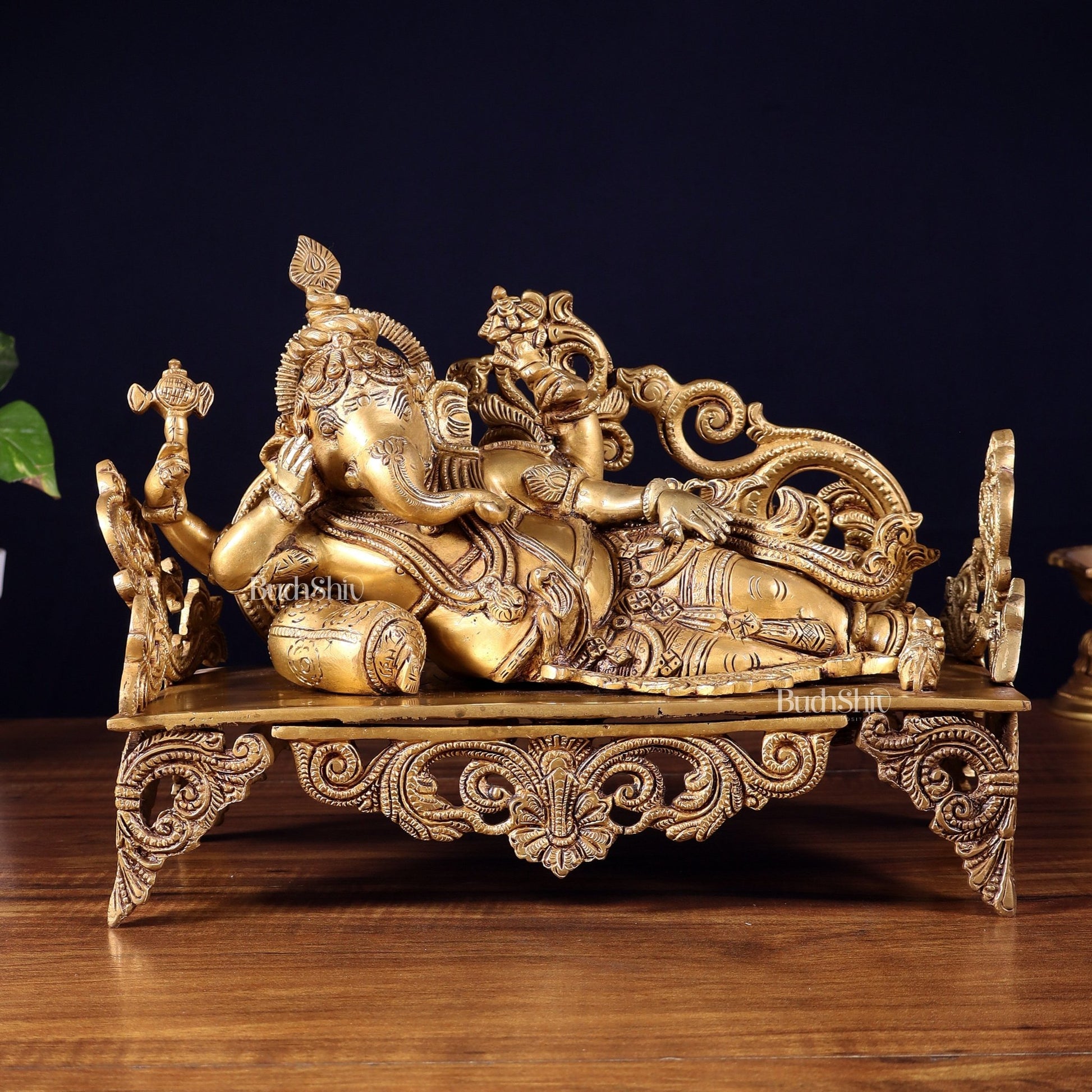 Pure Brass Resting Ganesha Statue 14" - Budhshiv.com