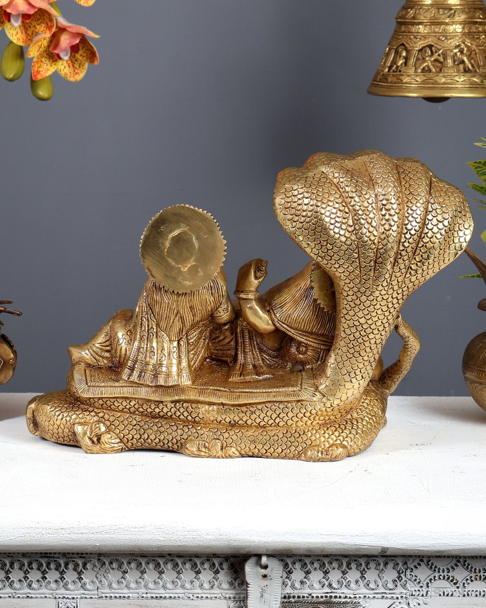 Pure Brass Resting Lakshmi Narayan Idol with Sheshanaag 10 inch - Budhshiv.com