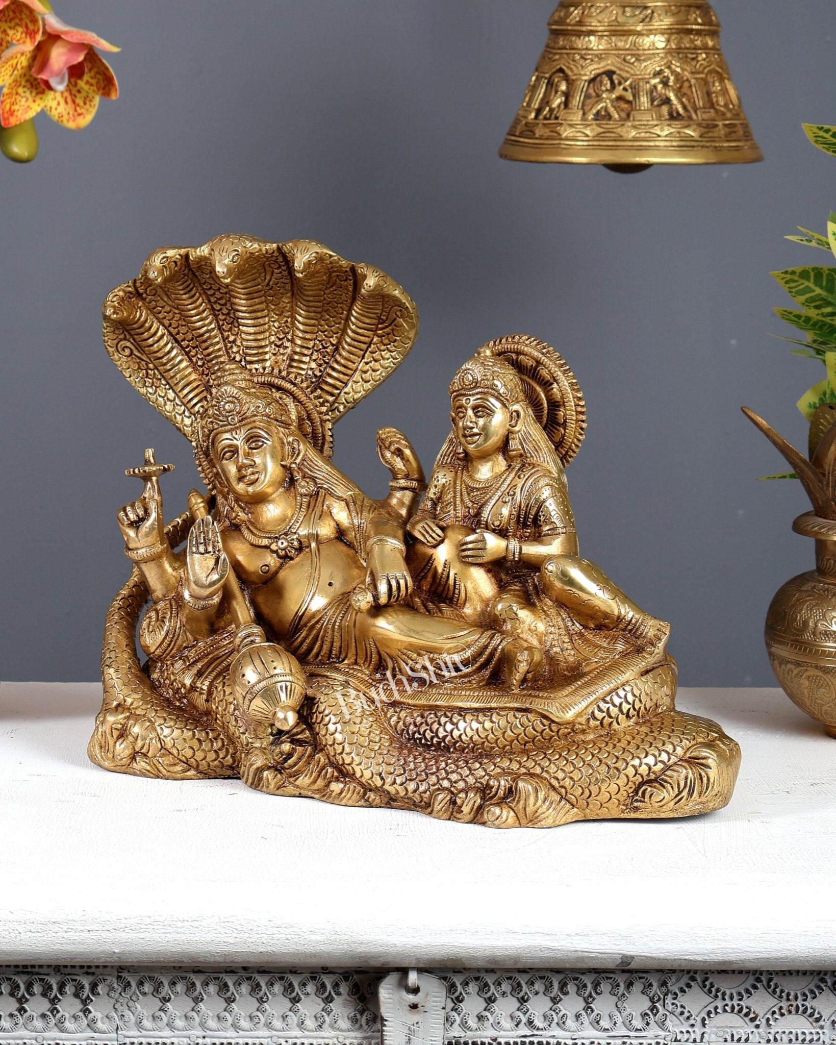 Pure Brass Resting Lakshmi Narayan Idol with Sheshanaag 10 inch - Budhshiv.com