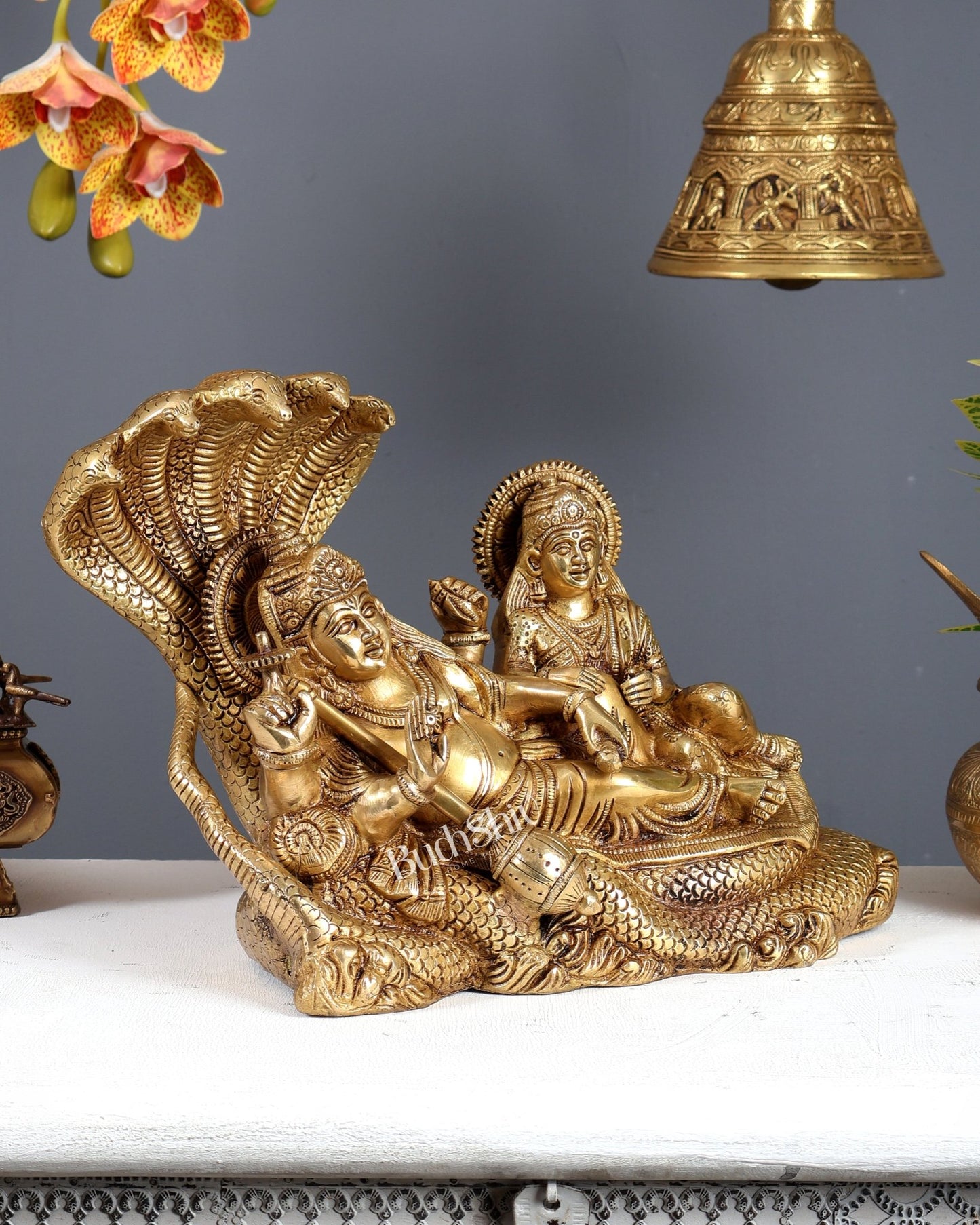 Pure Brass Resting Lakshmi Narayan Idol with Sheshanaag 10 inch - Budhshiv.com