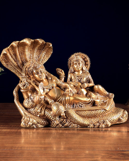 Pure Brass Resting Lakshmi Narayan Idol with Sheshanaag 10 inch - Budhshiv.com
