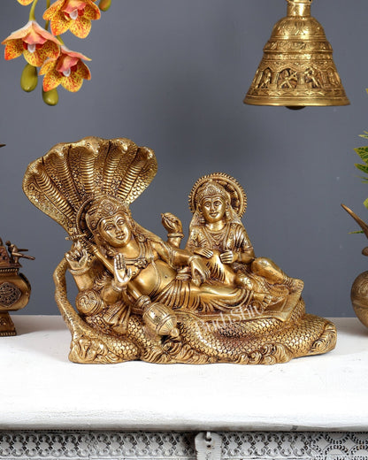 Pure Brass Resting Lakshmi Narayan Idol with Sheshanaag 10 inch - Budhshiv.com
