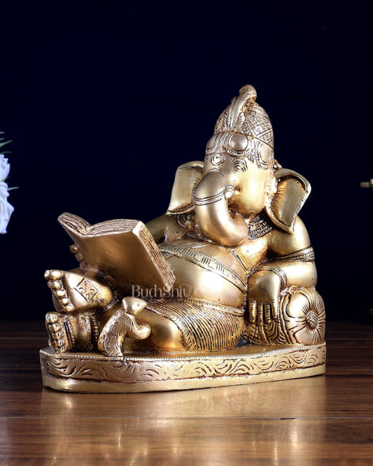 Pure Brass Resting Reading Ganesha Idol – 6.5 Inch | Artistic Home Décor | BudhShiv - Budhshiv.com