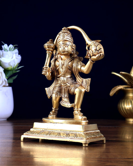 Pure Brass Sanjeevani Hanuman Idol 6.5 inch - Budhshiv.com