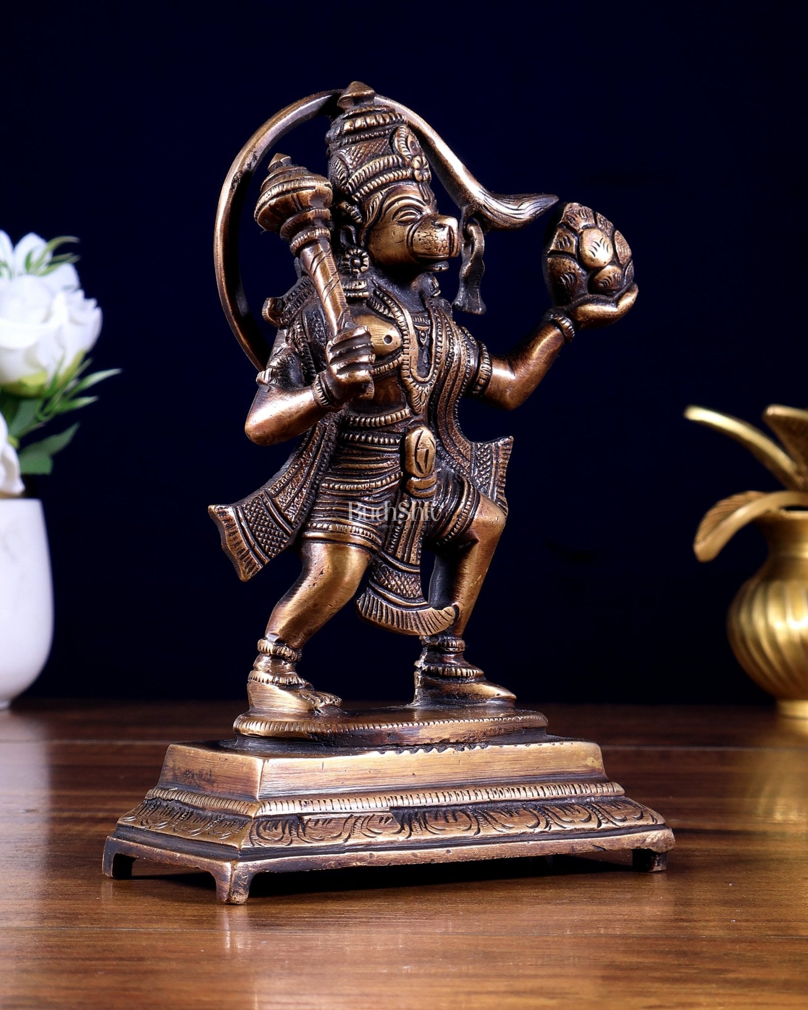Pure Brass Sanjeevani Hanuman Idol – Burnt Brass Finish 6.5 inch - Budhshiv.com