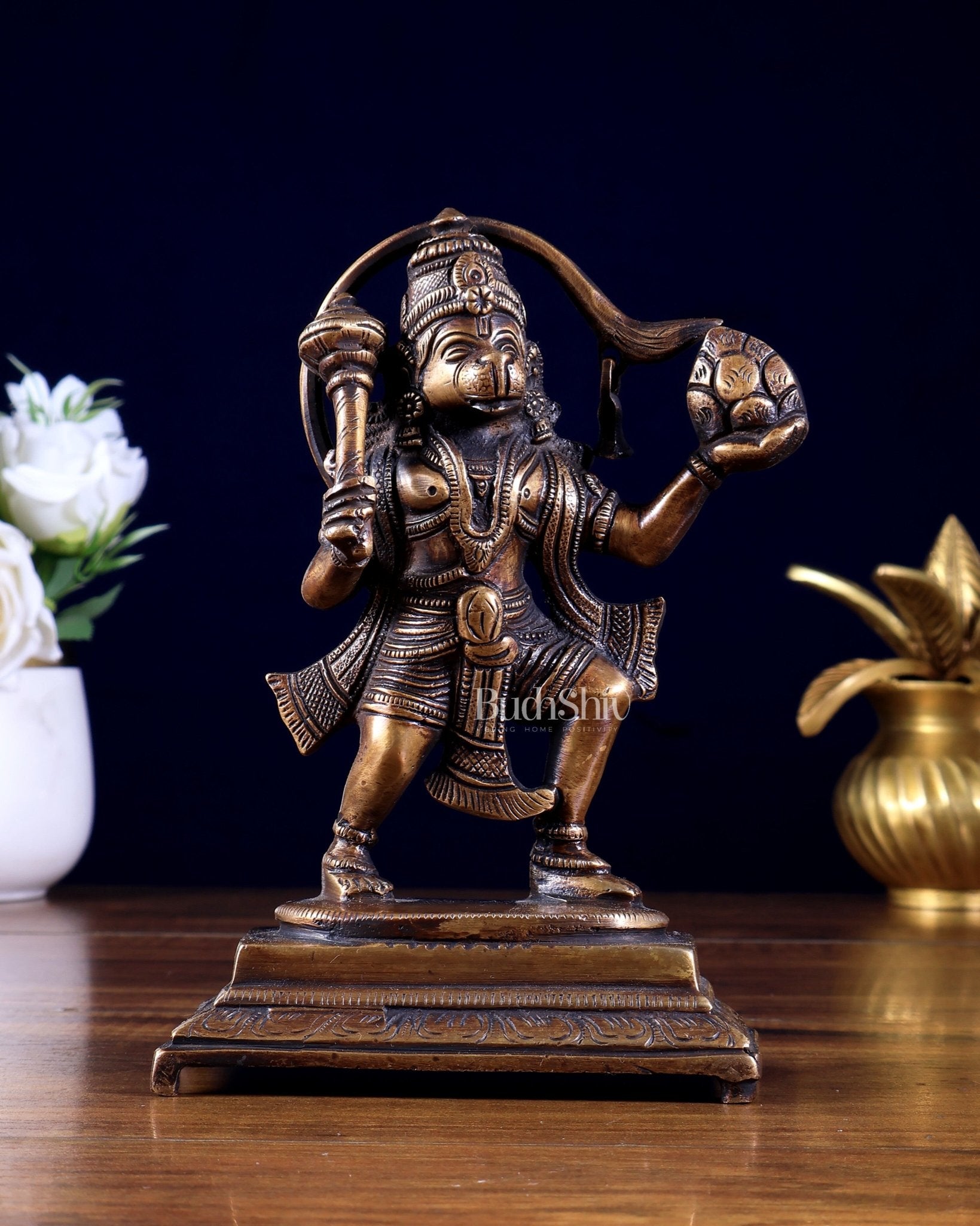 Pure Brass Sanjeevani Hanuman Idol – Burnt Brass Finish 6.5 inch - Budhshiv.com