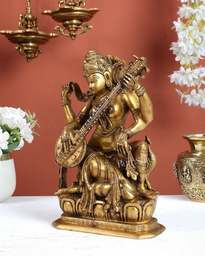 Pure Brass Saraswati Devi Murti - 9.5 Inch artistic brilliance - Budhshiv.com