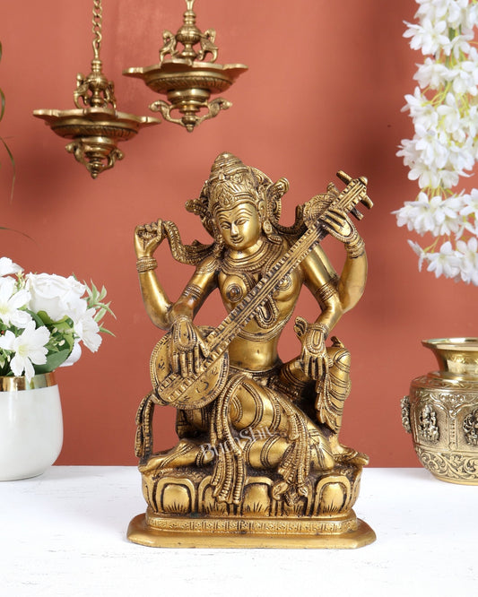 Pure Brass Saraswati Devi Murti - 9.5 Inch artistic brilliance - Budhshiv.com