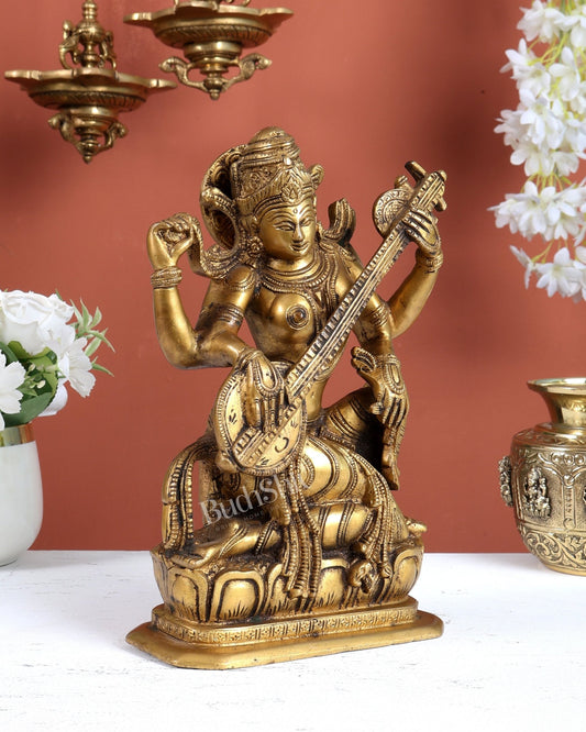 Pure Brass Saraswati Devi Murti - 9.5 Inch artistic brilliance - Budhshiv.com