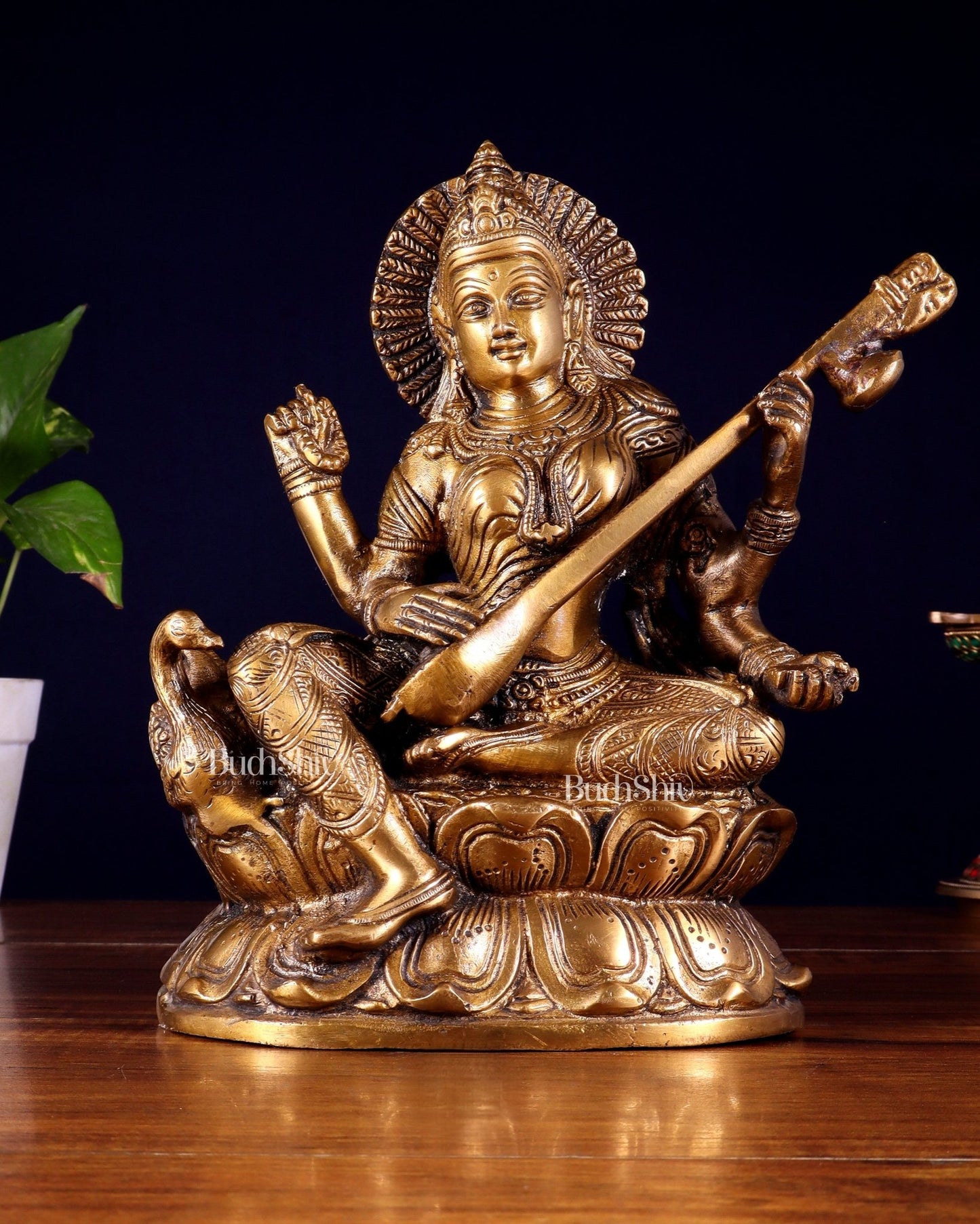 Pure Brass Saraswati with Swan Statue – 9 Inch - Budhshiv.com