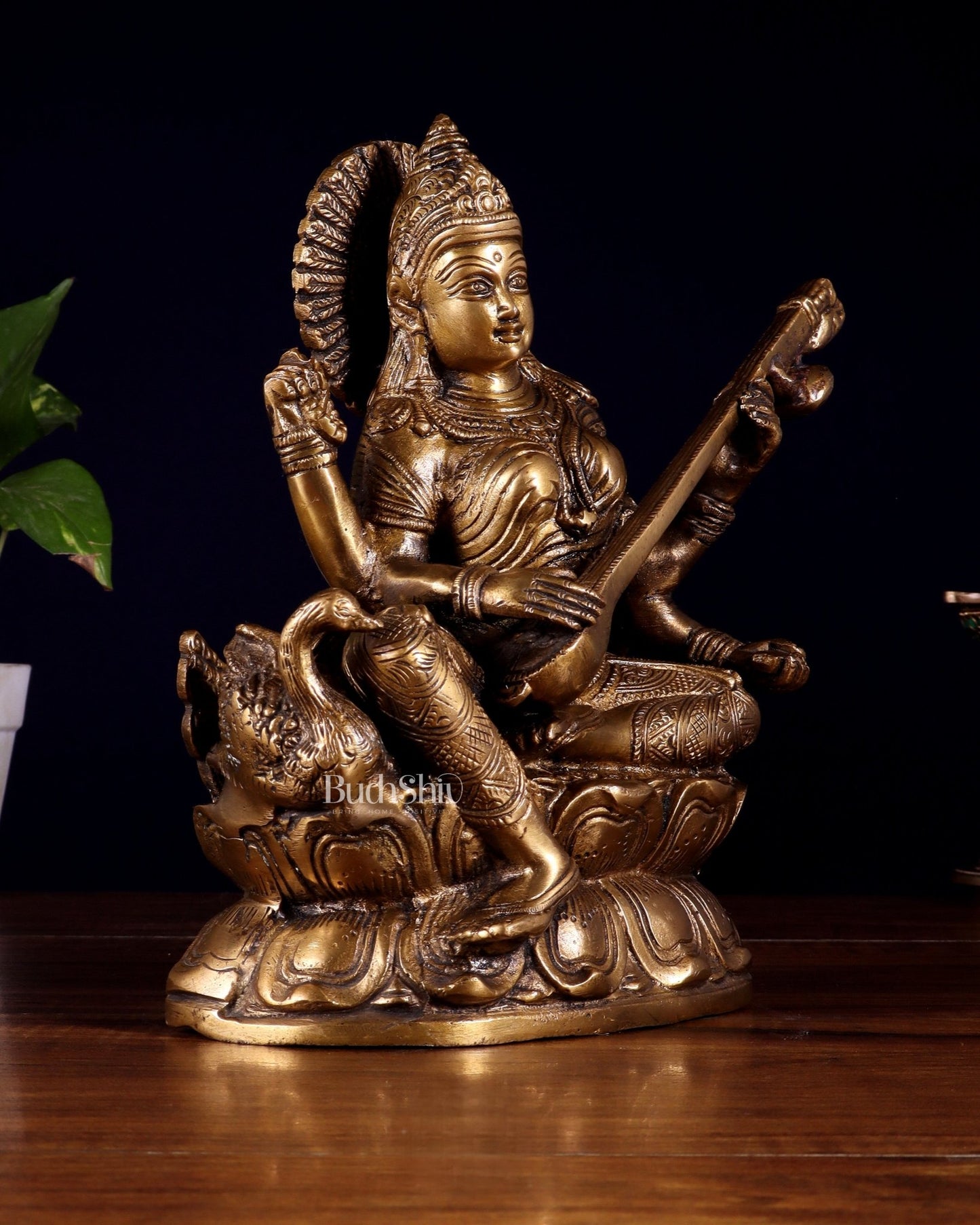 Pure Brass Saraswati with Swan Statue – 9 Inch - Budhshiv.com