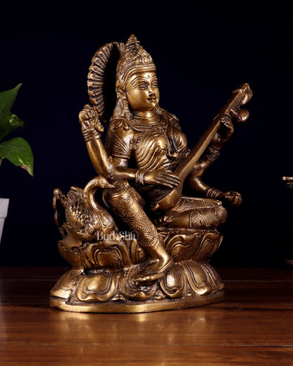 Pure Brass Saraswati with Swan Statue – 9 Inch - Budhshiv.com