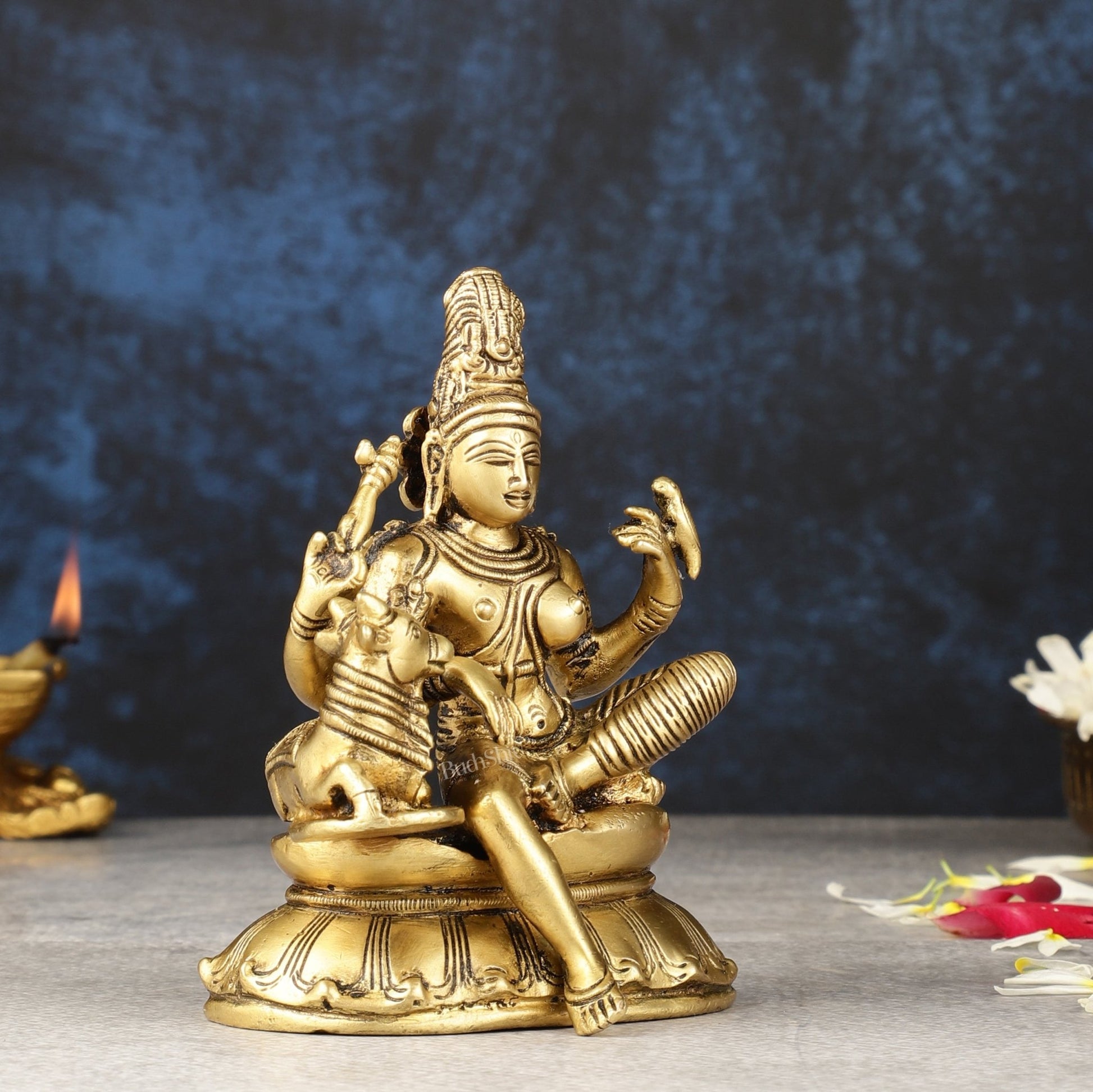 Pure Brass seated Ardhanarishwara with nandi idol 5" - Budhshiv.com