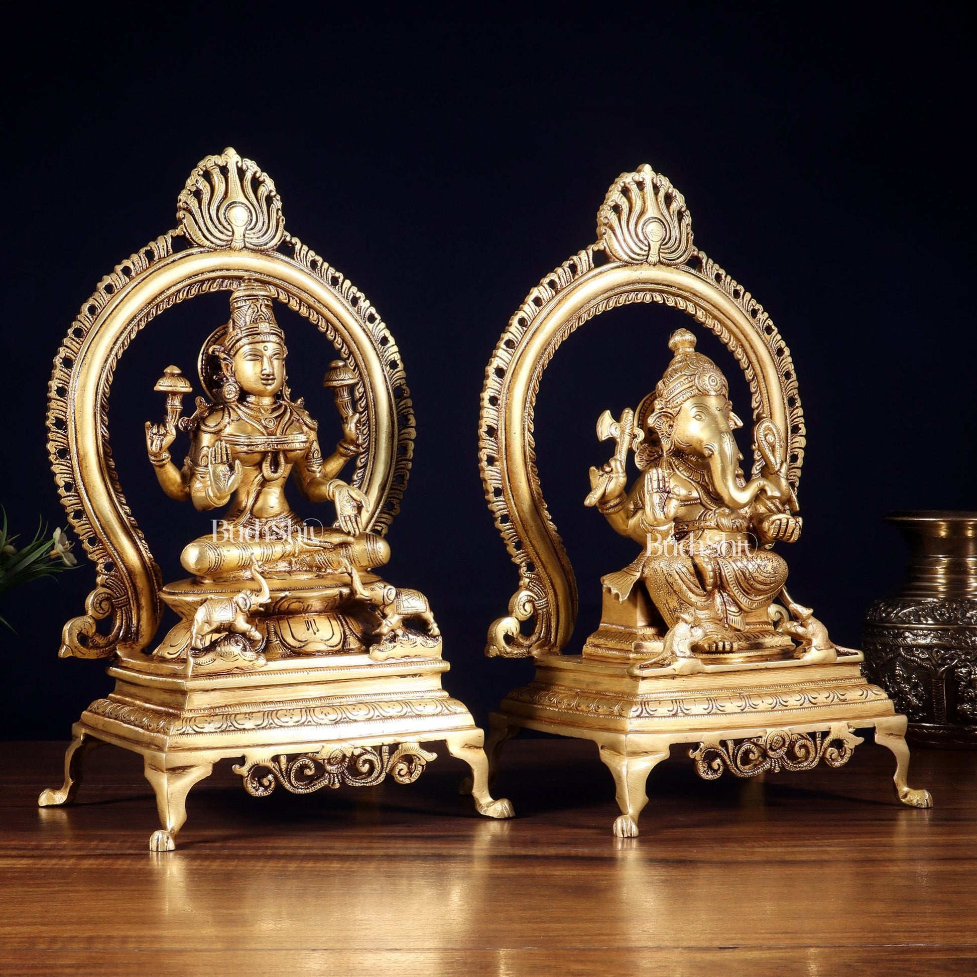 Pure Brass Seated Ganesha Lakshmi Idol Pair | 13” - Budhshiv.com