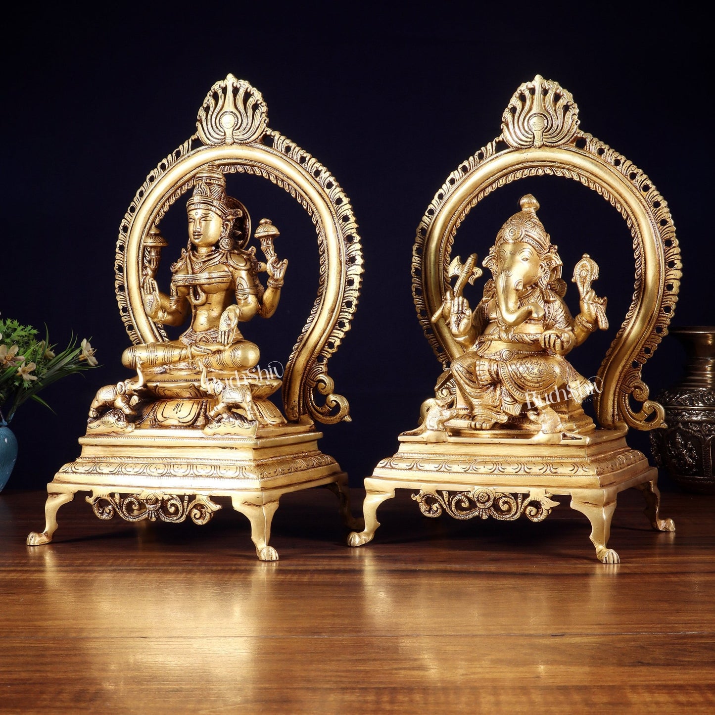 Pure Brass Seated Ganesha Lakshmi Idol Pair | 13” - Budhshiv.com