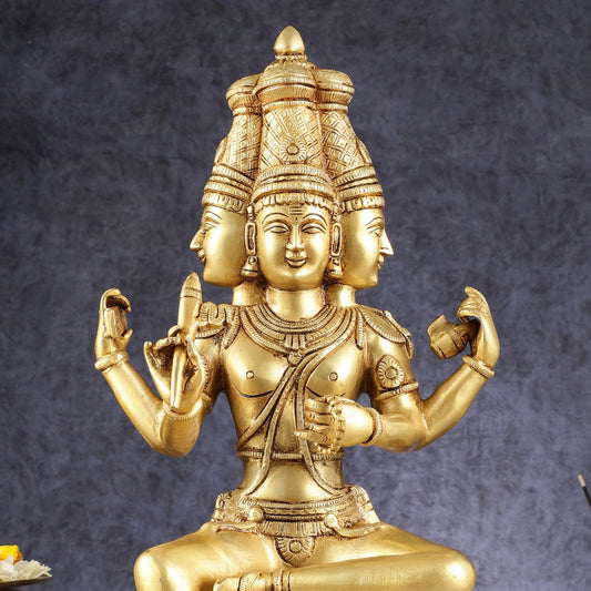 Pure Brass Seated Lord Brahma Sculpture - 16 inch - Budhshiv.com