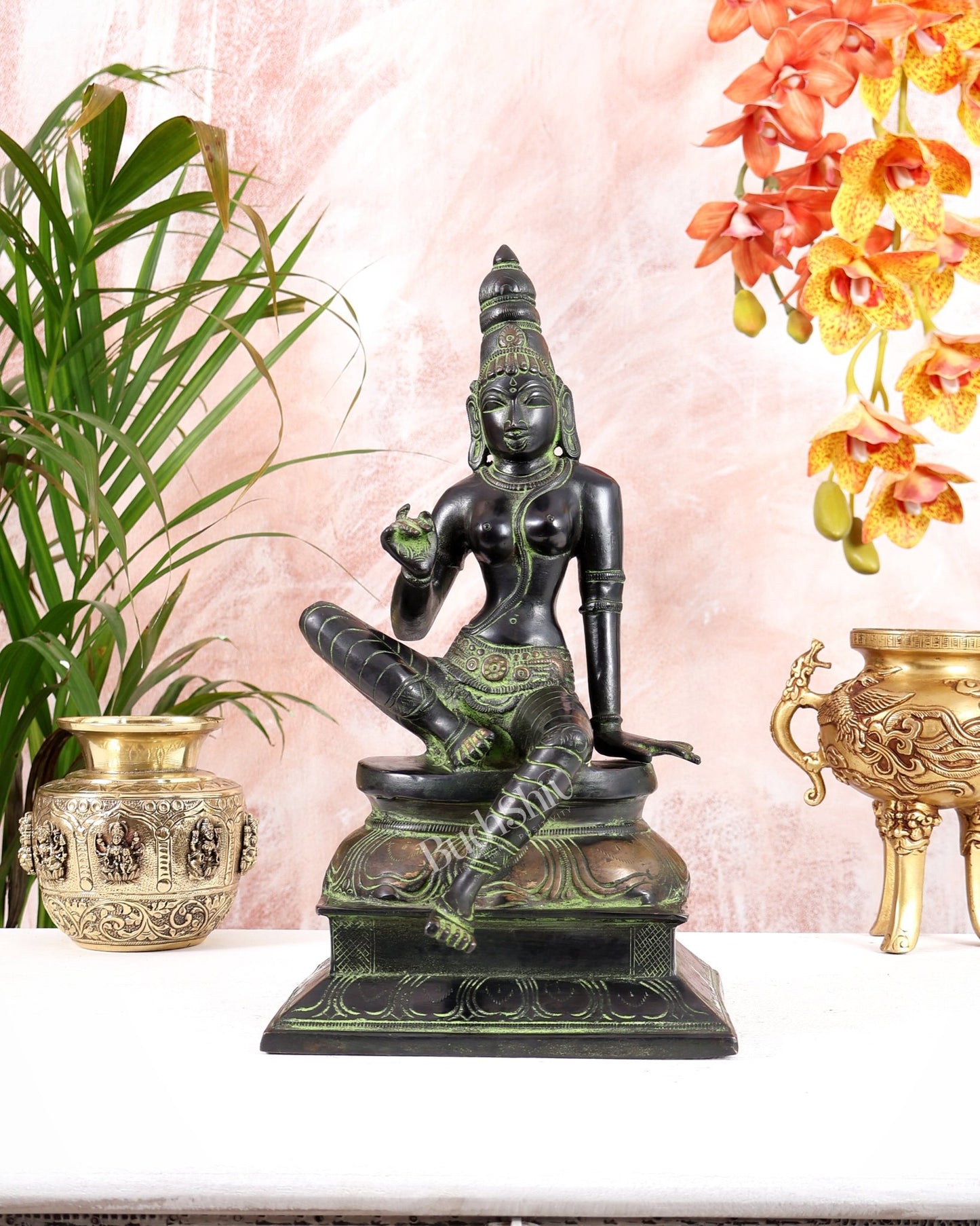 Pure Brass Seated Parvati Idol - 12" Black green tone - Budhshiv.com