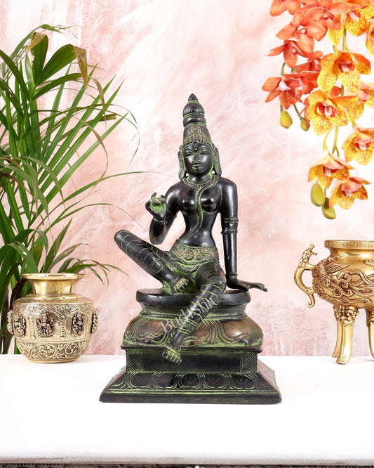 Pure Brass Seated Parvati Idol - 12" Black green tone - Budhshiv.com