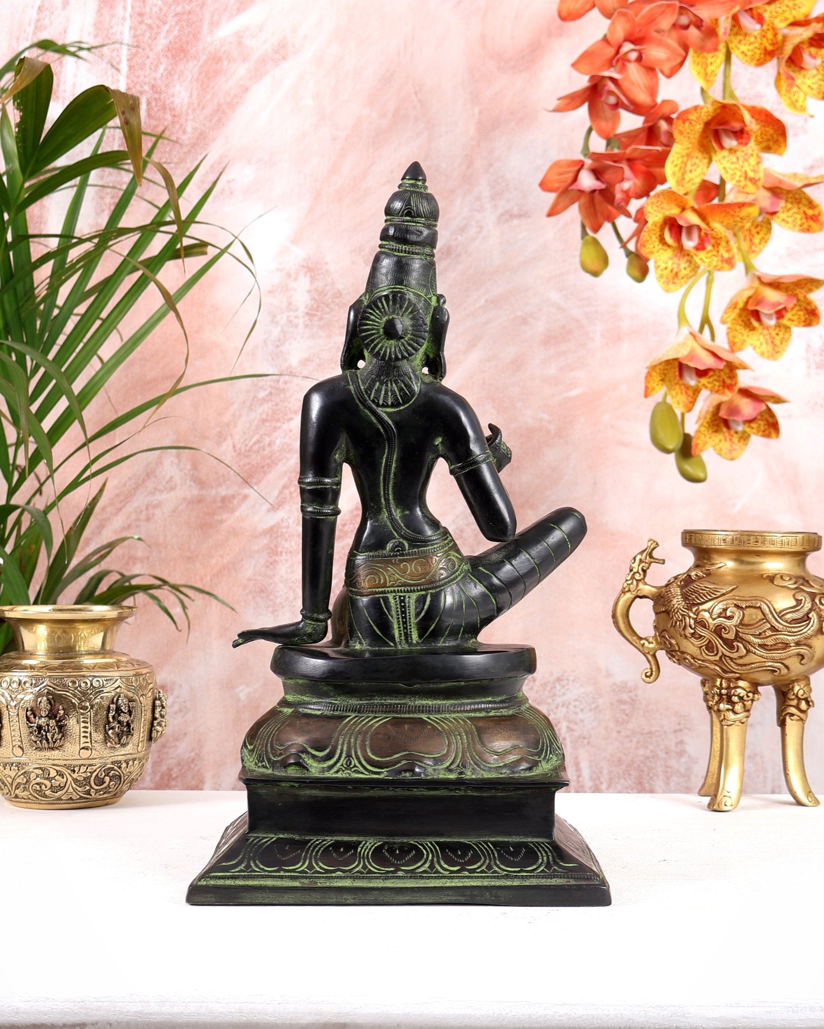 Pure Brass Seated Parvati Idol - 12" Black green tone - Budhshiv.com