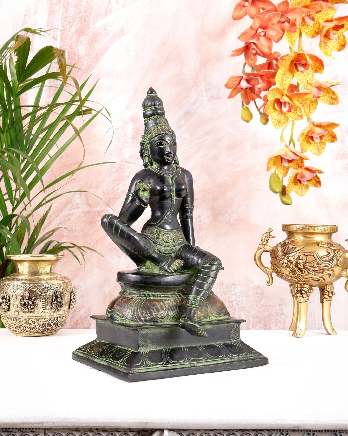 Pure Brass Seated Parvati Idol - 12" Black green tone - Budhshiv.com