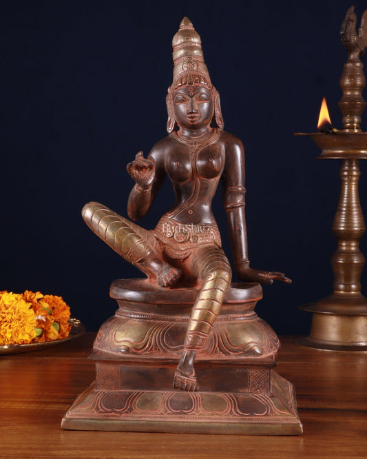 Pure Brass Seated Parvati Idol - 12" Black red tone - Budhshiv.com