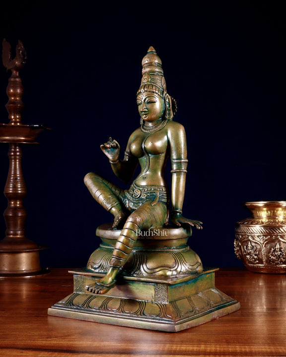 Pure Brass Seated Parvati Idol - 12" chola bronze tone - Budhshiv.com