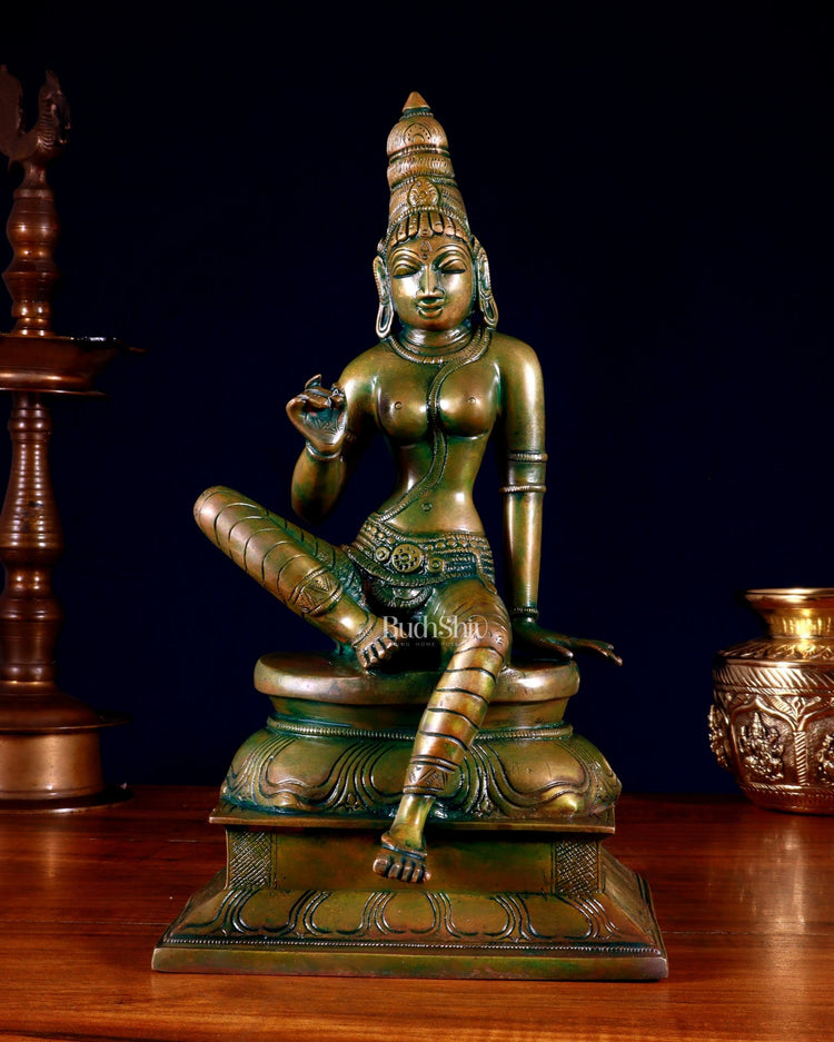 Pure Brass Seated Parvati Idol - 12" chola bronze tone - Budhshiv.com