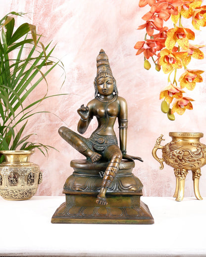 Pure Brass Seated Parvati Idol - 12" chola bronze tone - Budhshiv.com