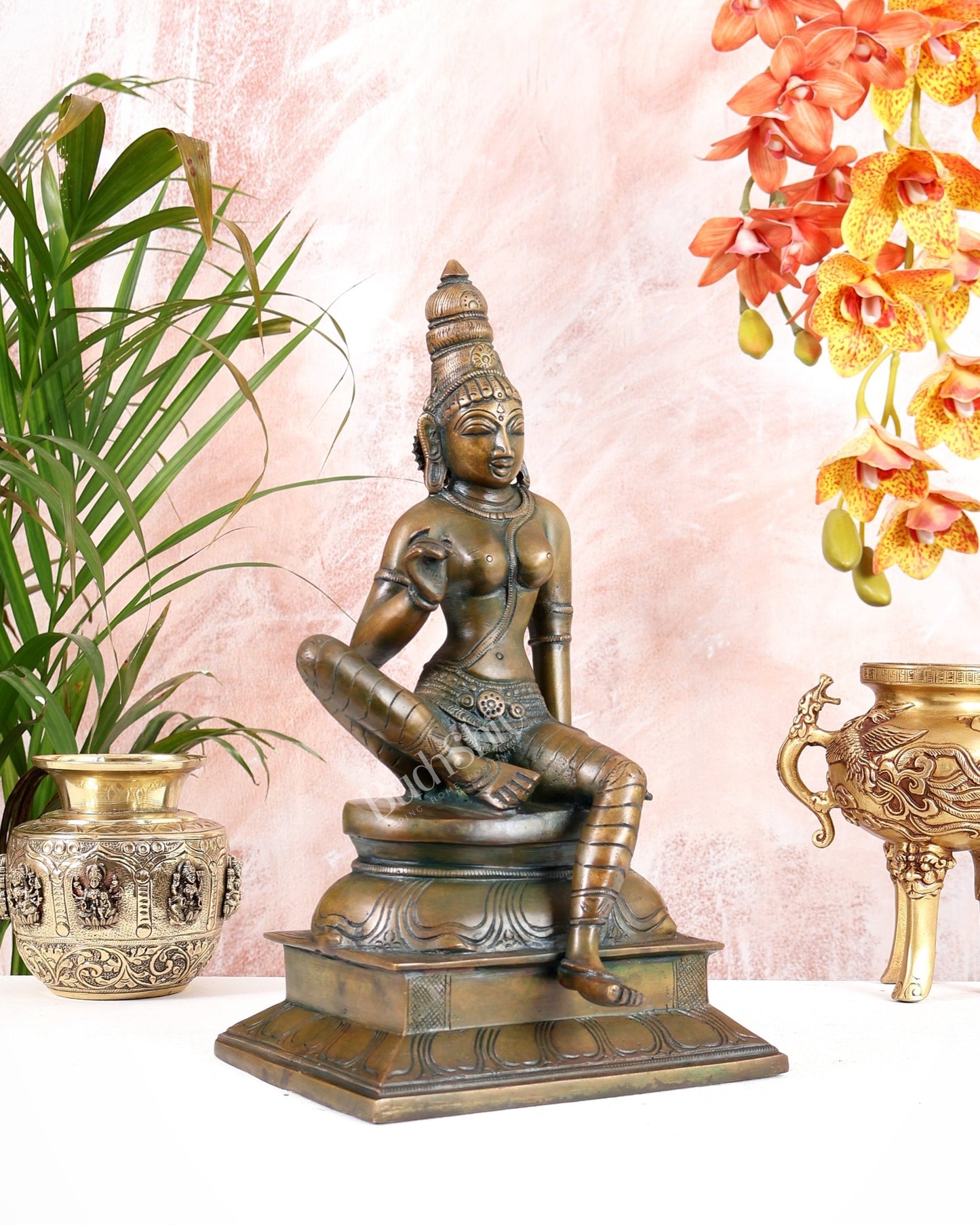 Pure Brass Seated Parvati Idol - 12" chola bronze tone - Budhshiv.com