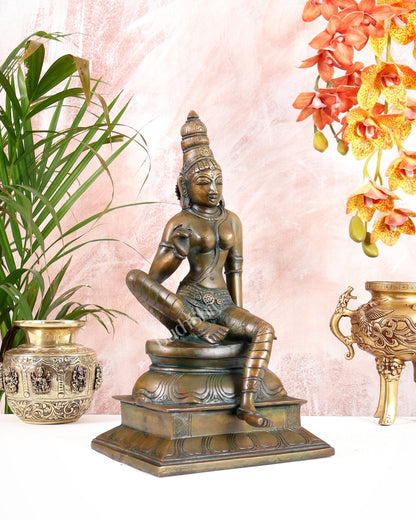Pure Brass Seated Parvati Idol - 12" chola bronze tone - Budhshiv.com