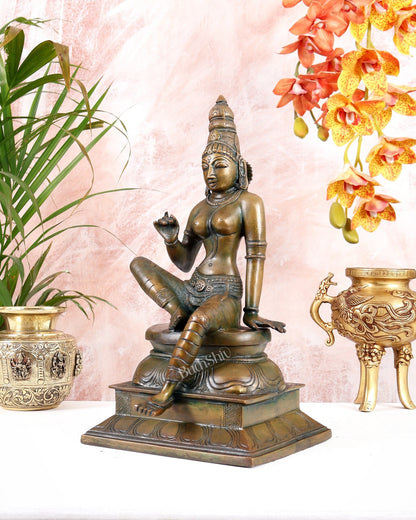 Pure Brass Seated Parvati Idol - 12" chola bronze tone - Budhshiv.com