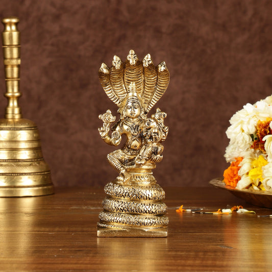 Pure Brass Seated Vishnu Lakshmi with Sheshanaaga Idol | Height: 5.5 inch - Budhshiv.com