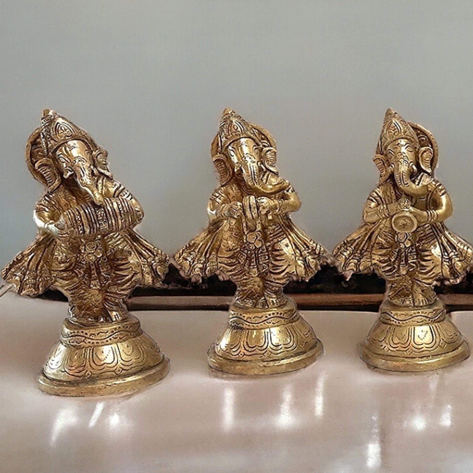 Pure Brass Set of 6 Musician Ganesha Idols Showpieces | Handcrafted Decor 6 inch - Budhshiv.com