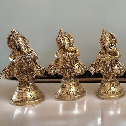 Pure Brass Set of 6 Musician Ganesha Idols Showpieces | Handcrafted Decor 6 inch - Budhshiv.com