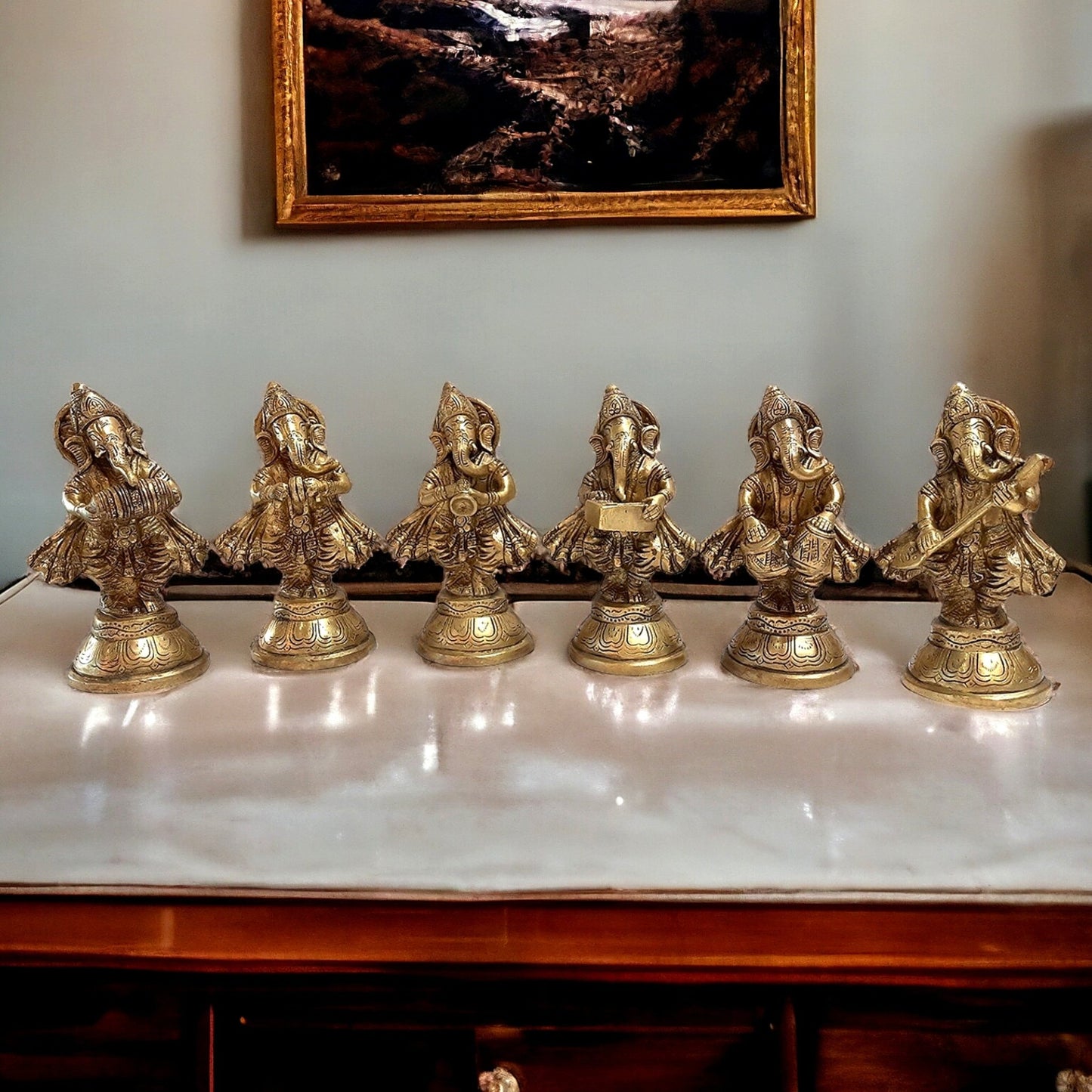 Pure Brass Set of 6 Musician Ganesha Idols Showpieces | Handcrafted Decor 6 inch - Budhshiv.com