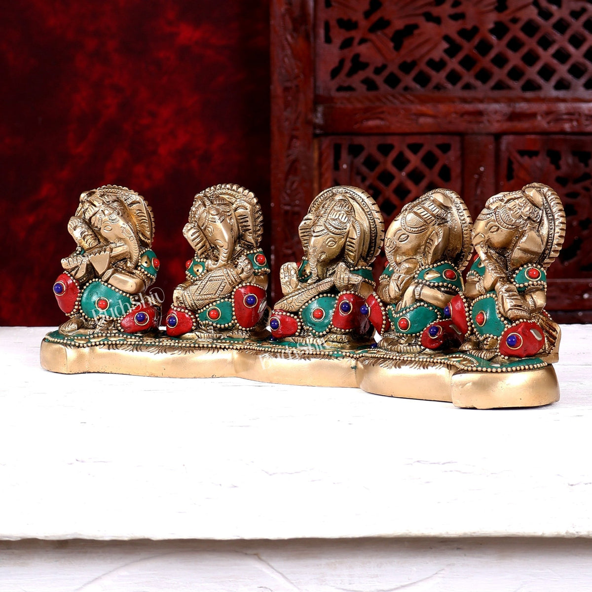 Pure Brass Set of Five Musical Ganesha – Showpiece & Gift for Loved Ones 11 inch wide with meenakari - Budhshiv.com