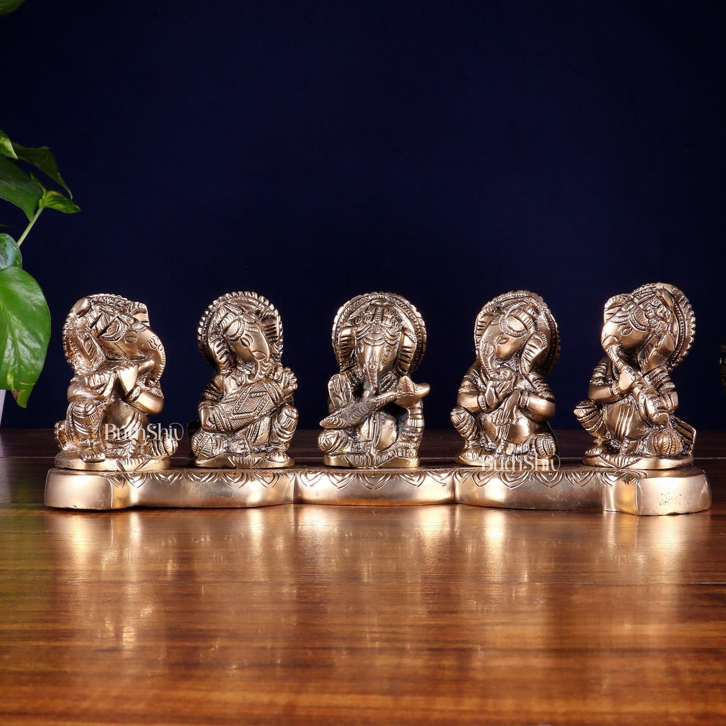 Pure Brass Set of Five Musical Ganesha – Showpiece & Gift for Loved Ones 4 inch - Budhshiv.com