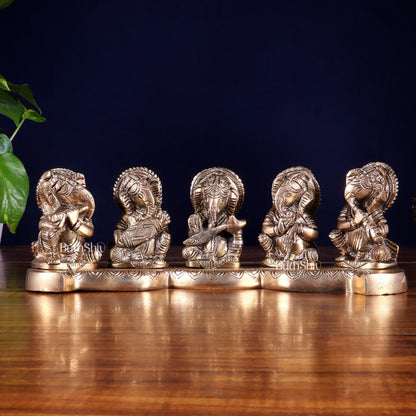 Pure Brass Set of Five Musical Ganesha – Showpiece & Gift for Loved Ones 4 inch - Budhshiv.com