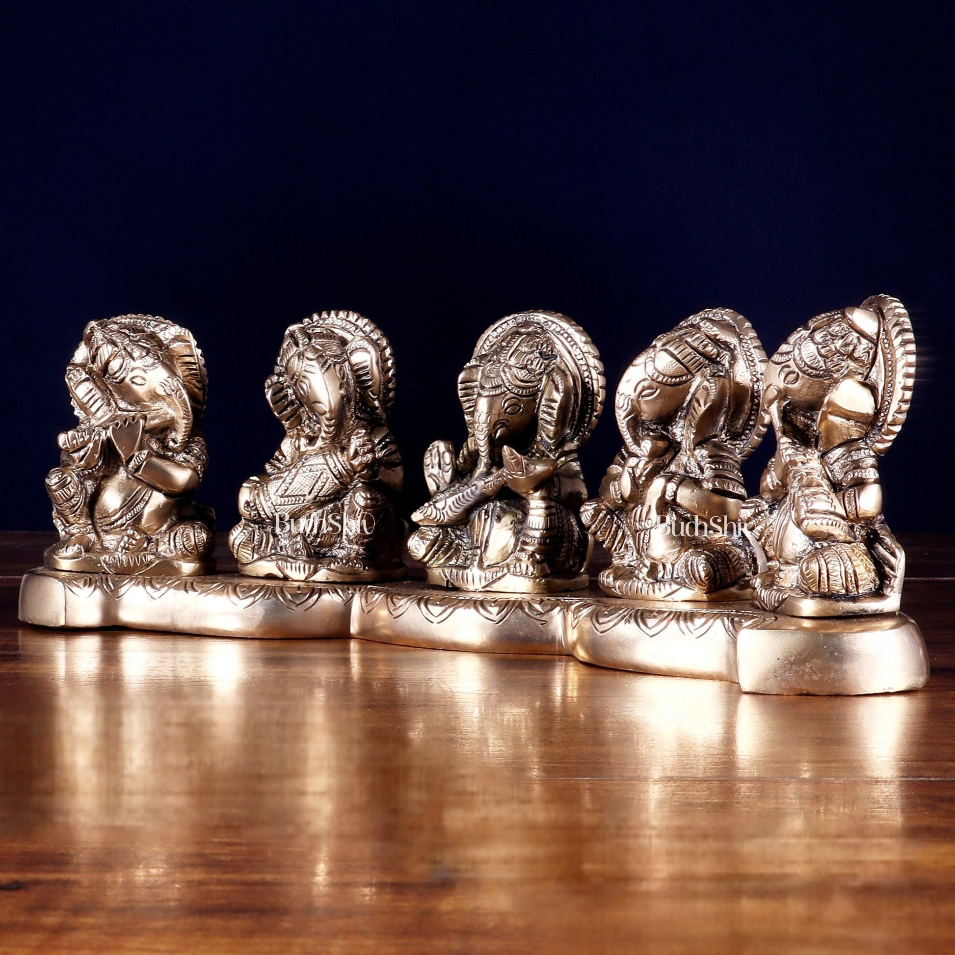 Pure Brass Set of Five Musical Ganesha – Showpiece & Gift for Loved Ones 4 inch - Budhshiv.com