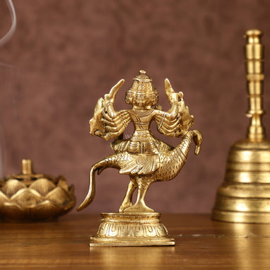 Pure Brass Shanmugar Murugan with Heads Sitting on Peacock Small Idol