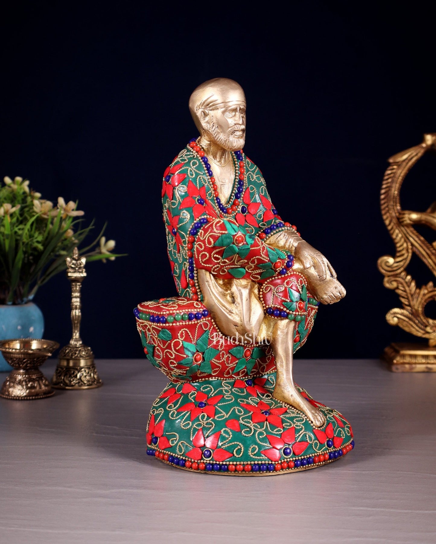 Pure Brass Shirdi Sai Baba Statue with Floral Stonework 9" - Budhshiv.com