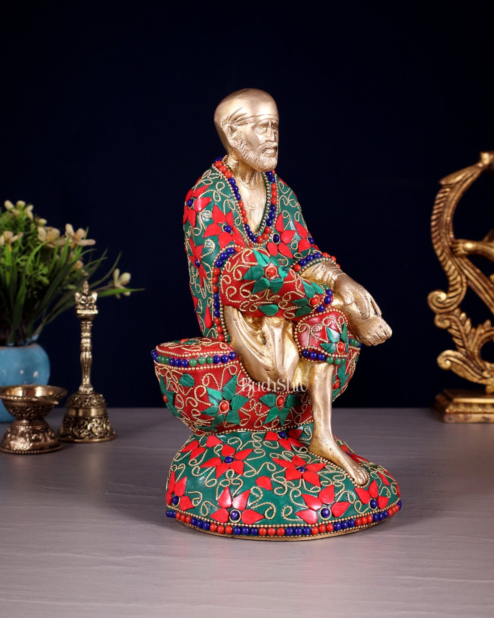 Pure Brass Shirdi Sai Baba Statue with Floral Stonework 9" - Budhshiv.com