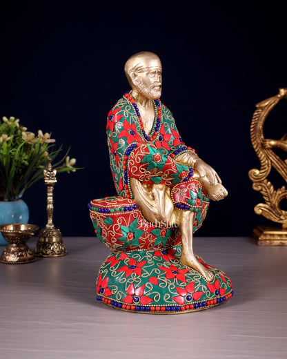 Pure Brass Shirdi Sai Baba Statue with Floral Stonework 9" - Budhshiv.com