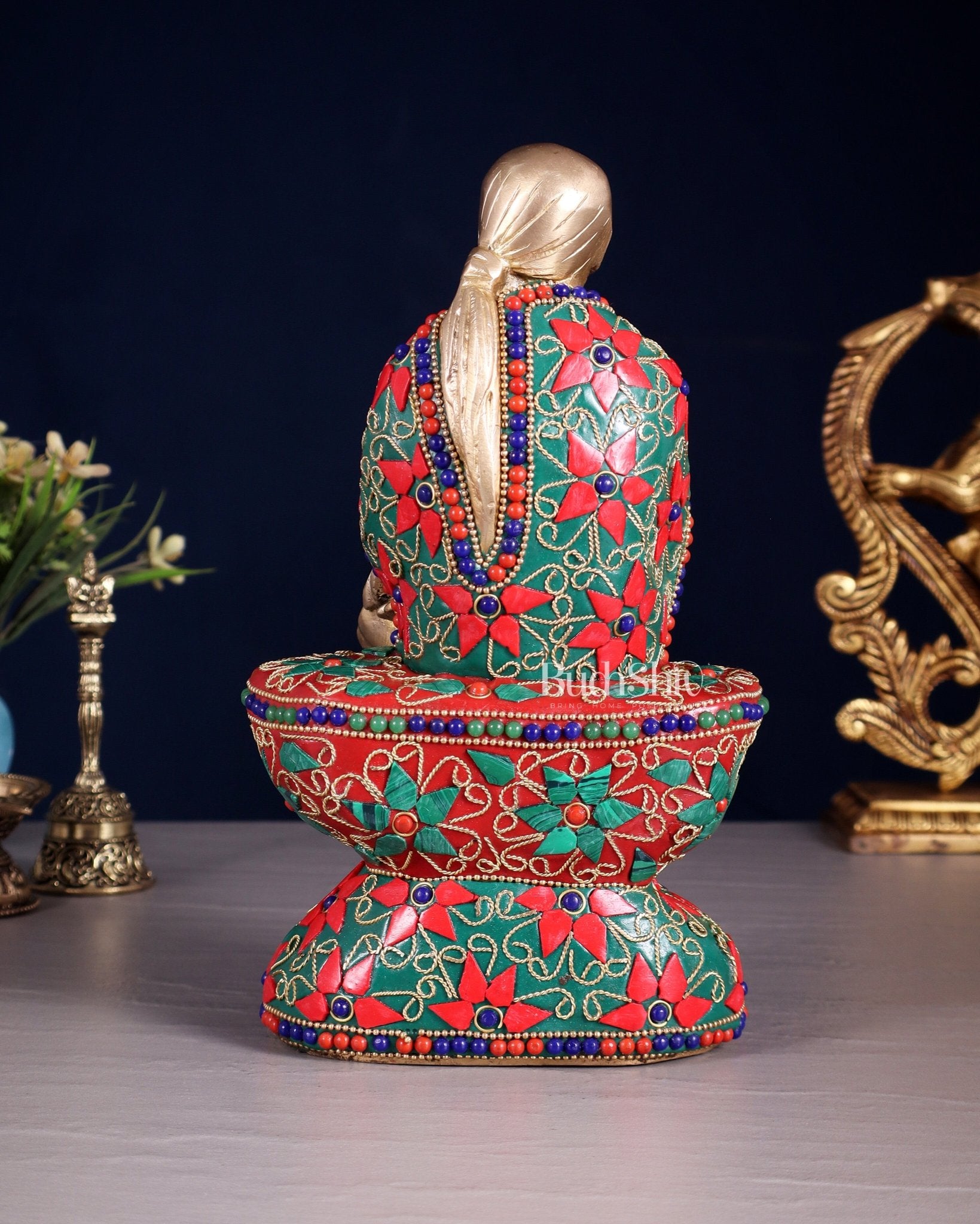 Pure Brass Shirdi Sai Baba Statue with Floral Stonework 9" - Budhshiv.com
