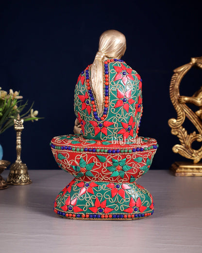 Pure Brass Shirdi Sai Baba Statue with Floral Stonework 9" - Budhshiv.com