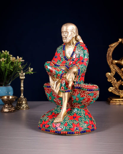 Pure Brass Shirdi Sai Baba Statue with Floral Stonework 9" - Budhshiv.com