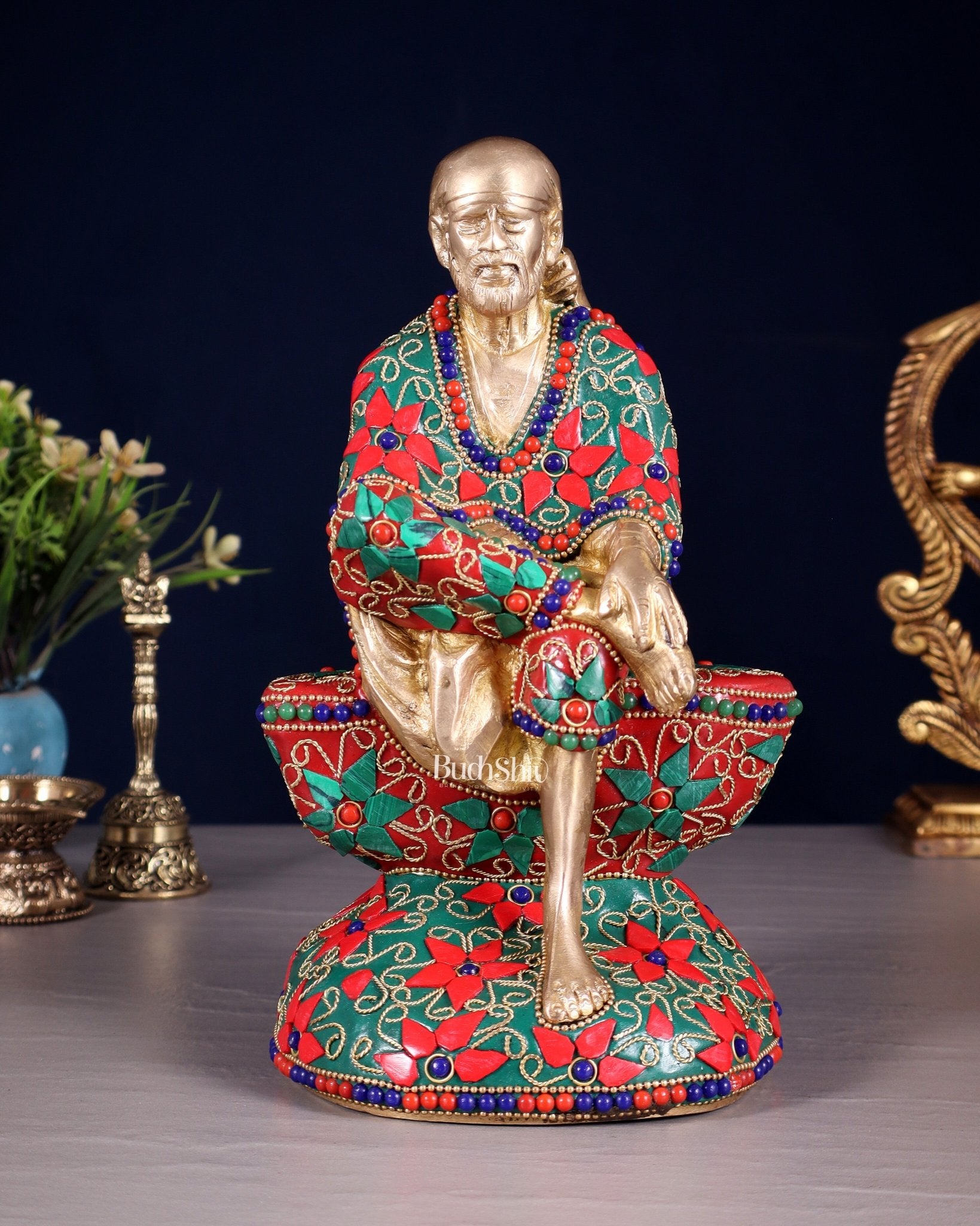 Pure Brass Shirdi Sai Baba Statue with Floral Stonework 9" - Budhshiv.com